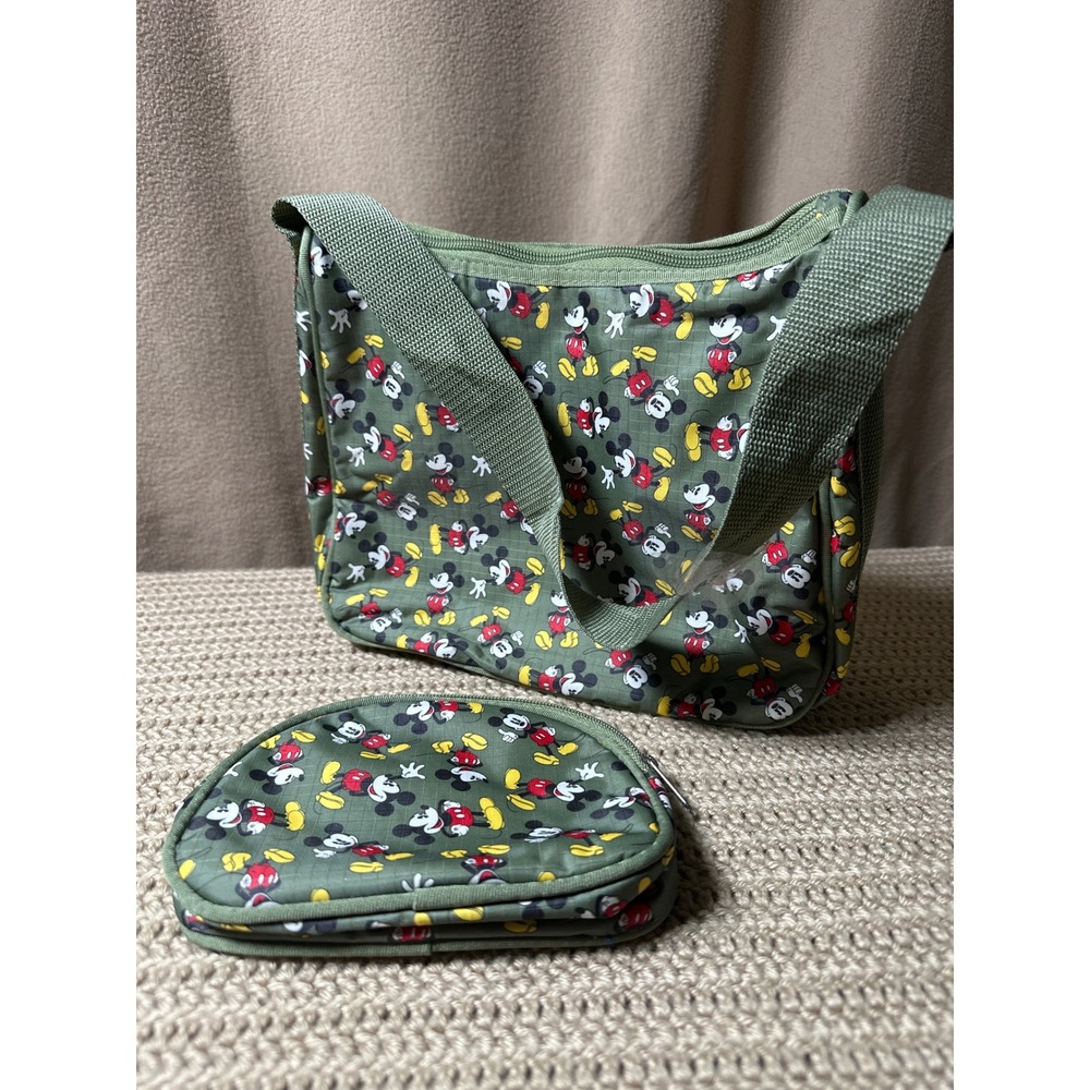Disney Mickey Mouse Olive Green Ripstop Shoulder Bag and Pouch Set